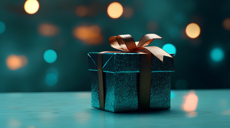 Gift box with golden bow on bokeh background. 3d renderingの素材