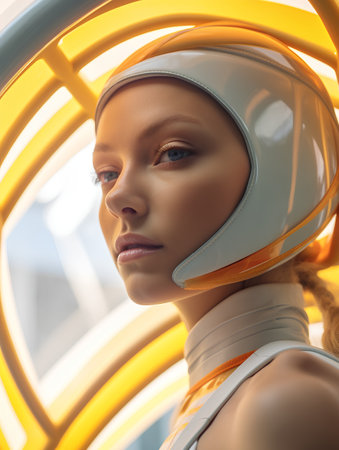 Portrait of a beautiful female astronaut in a helmet. 3d renderingの素材