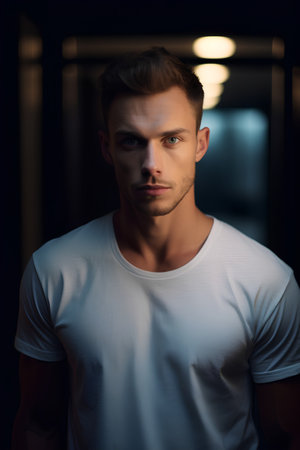 Portrait of handsome young man looking at camera while standing in dark roomの素材