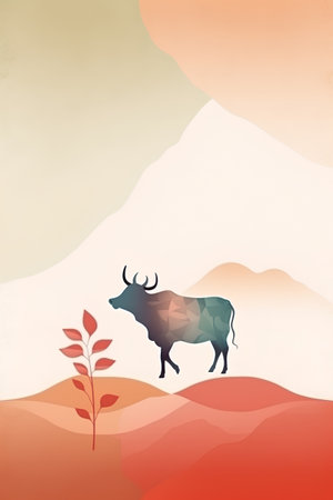 Silhouette of a cow on a background of mountains. Vector illustration.の素材