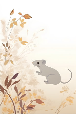 mouse and butterflies on a background of autumn leaves. Vector illustration.の素材