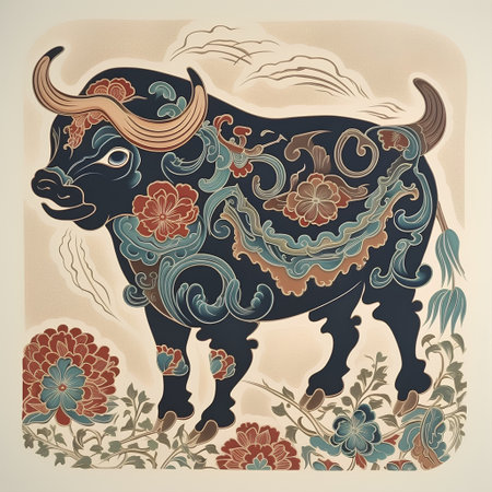 Vector illustration of a stylized bull with floral ornament in retro styleの素材