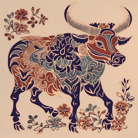 Stylized illustration of a bull in the style of Chinese New Yearの素材