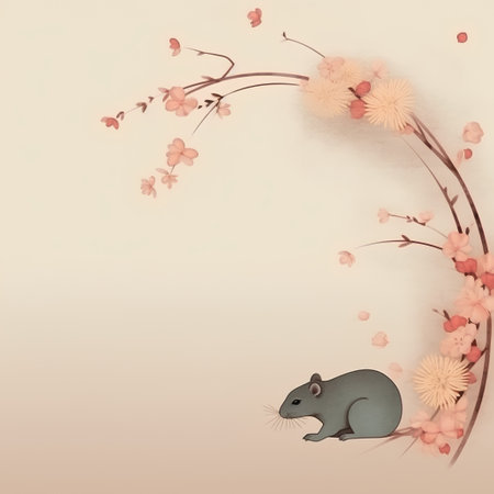 mouse and flowers on the beige background with space for your textの素材