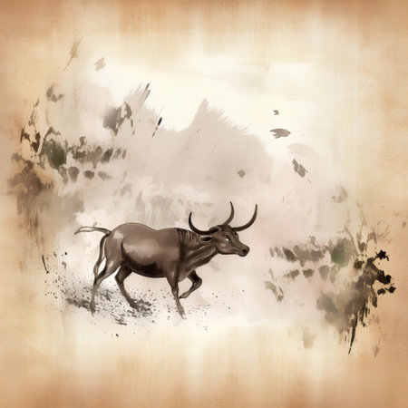 Grunge background with watercolor buffalo. Hand drawn illustration.の素材