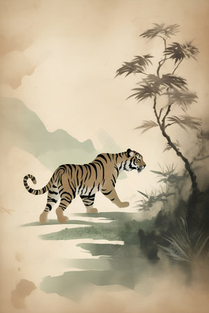 Tiger in the jungle. Watercolor painting style. Vector illustration.の素材