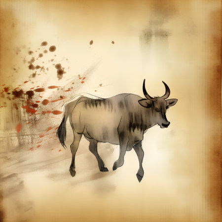 Grunge background with a bull and splashes of ink.の素材