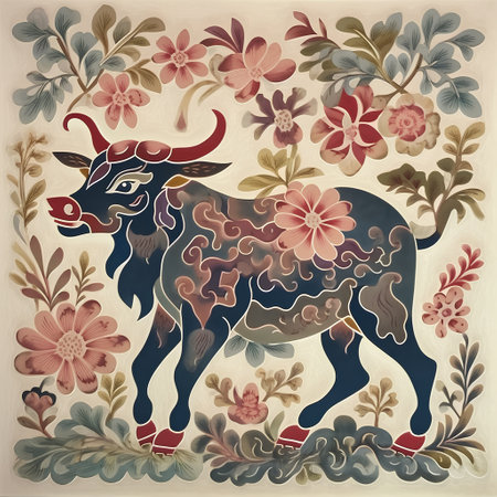 Vintage floral background with a bull and flowers. Vector illustration.の素材