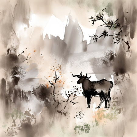 Watercolor illustration of a cow in the mountains. Hand-drawn illustration.の素材