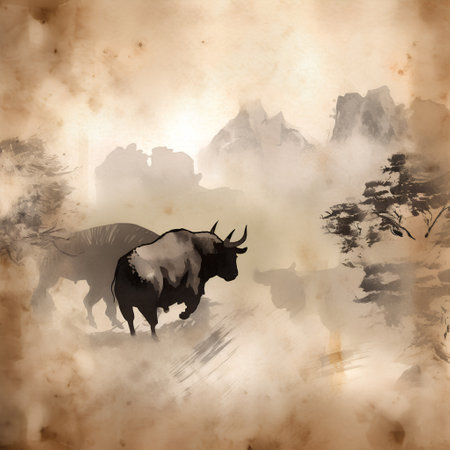 Grunge background with bull and pine forest. Vector illustration.の素材