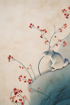 mouse on a branch with flowers on a grunge background with space for textの素材