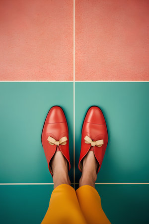 Woman's legs in red shoes on colorful background. Top view.の素材