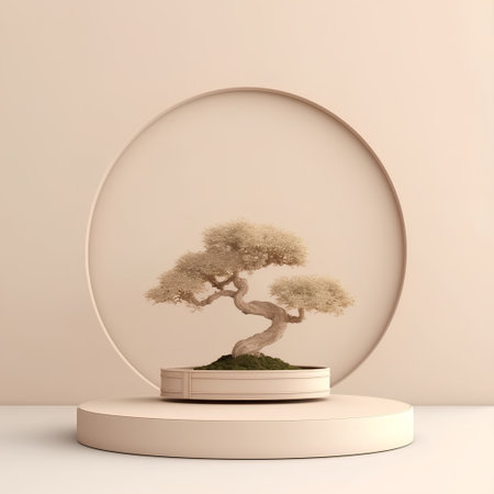 3d render of Bonsai tree in pot with round frameの素材