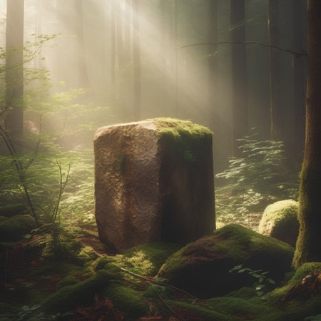Mysterious stone in the forest with fog and light rays.の素材