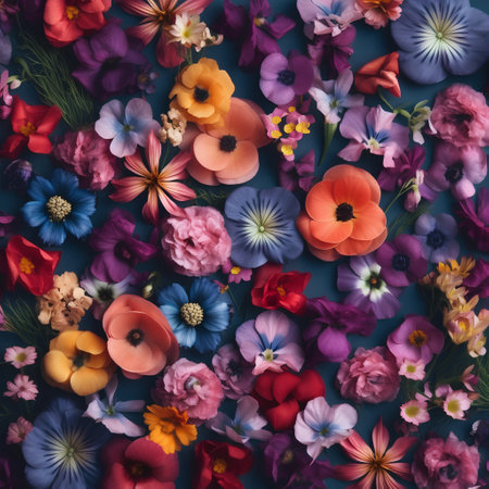 Colorful flowers on blue background. Flat lay, top view.の素材