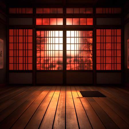 Japanese room with wooden floor and japanese window at sunset.の素材