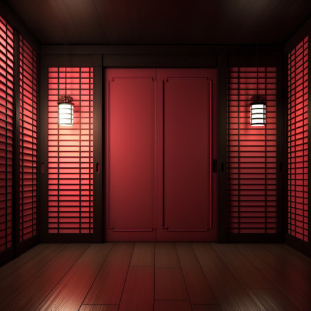Interior of a dark room with red doors and lamps. 3D renderingの素材