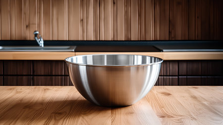 Metal bowl on wooden table in modern kitchen. 3D Renderingの素材