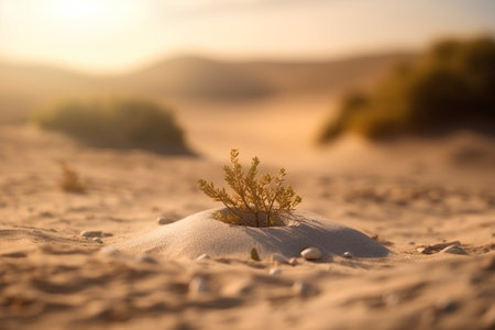 Small plant in the desert at sunset. Shallow depth of field.の素材