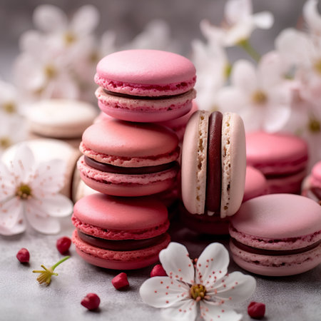 Colorful macaroons with cherry blossom flowers. Selective focus.の素材