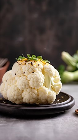 Boiled cauliflower with herbs on a black background. Selective focus.の素材