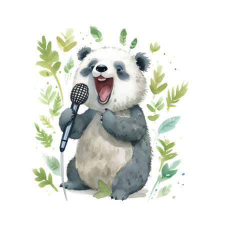 Watercolor panda singing with microphone. Hand drawn vector illustration.の素材