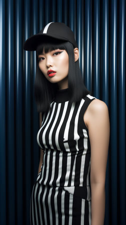Fashionable woman in black and white striped dress and cap with red lips.の素材