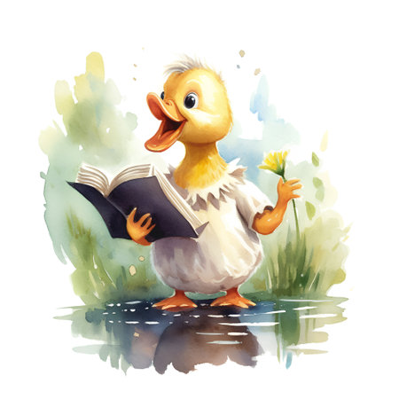 Cute duck with a book. Watercolor illustration isolated on white backgroundの素材