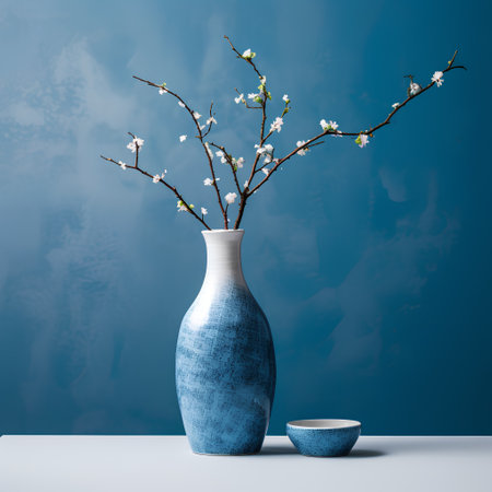 Blue ceramic vase with blooming cherry branch on a blue backgroundの素材