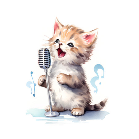 Cute little kitten singing with microphone. Hand drawn watercolor illustrationの素材