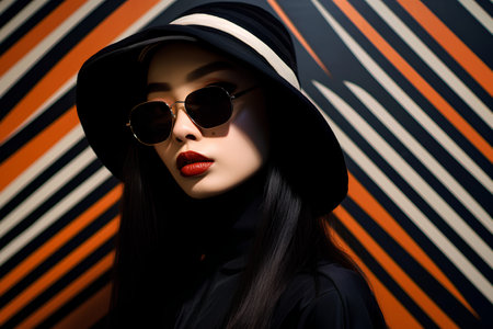 Portrait of a beautiful asian woman in black hat and sunglasses.の素材