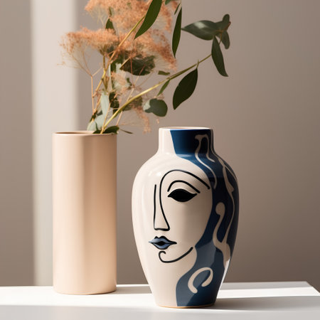 Ceramic vase with a portrait of a woman on a gray backgroundの素材
