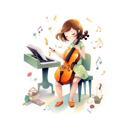 Girl playing the violin. Watercolor illustration isolated on white background.の素材