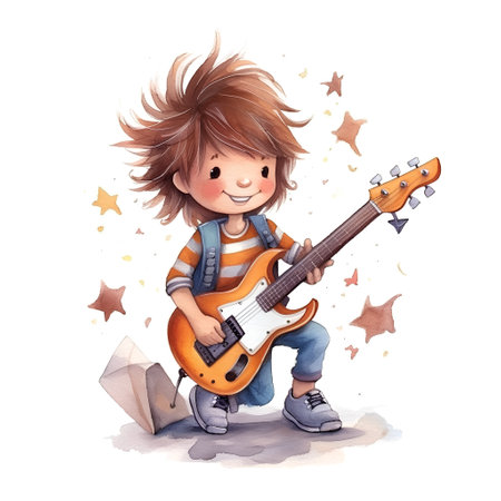 Little boy playing electric guitar. Watercolor illustration isolated on white background.の素材