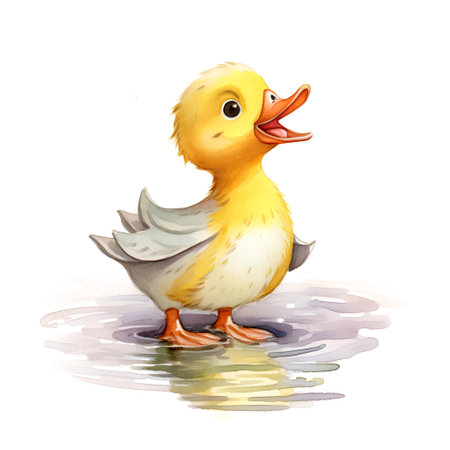 Watercolor duckling isolated on white background. Hand drawn illustration.の素材