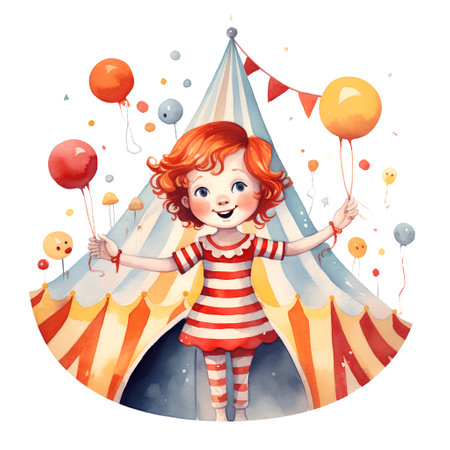 Cute red-haired girl in a striped dress with balloons.の素材