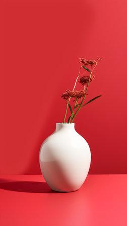 Ceramic vase with red flowers on a red background. 3d renderingの素材