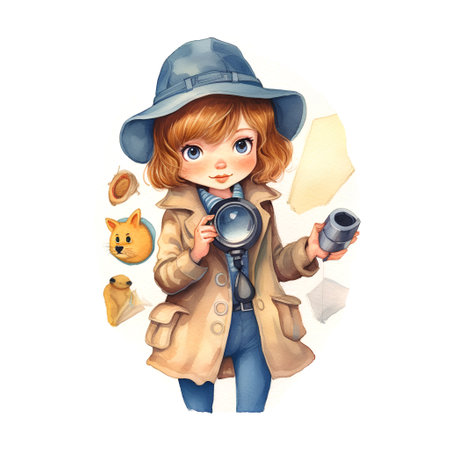 Cute little girl with a magnifying glass and a cat. Watercolor illustrationの素材