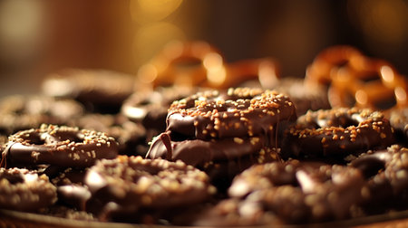 Close up of chocolate covered pretzels on a plate with shallow depth of fieldの素材