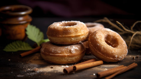 Homemade donuts with cinnamon on a wooden background. Selective focus.の素材