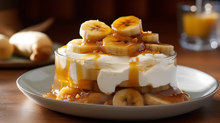Banana pudding with whipped cream and caramelized bananas on wooden tableの素材