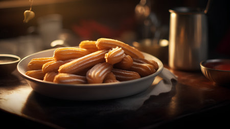 Churros in a plate on a wooden table. Selective focus.の素材