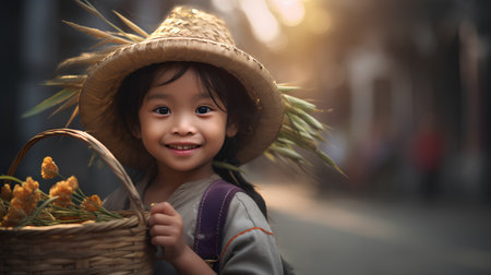 Asian little girl with straw hat and basket of cornflowers.の素材