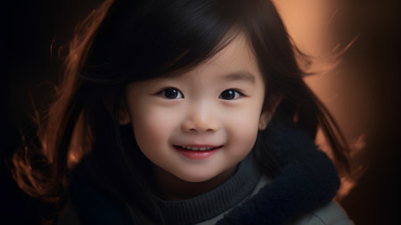 Portrait of a cute little asian girl on dark background.の素材