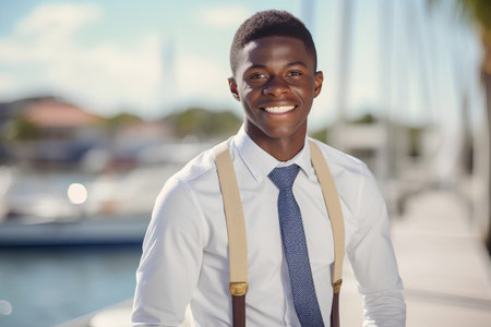 Portrait of smiling young african american businessman standing in harborの素材