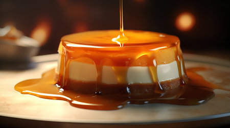 Panna cotta with caramel sauce on a plate, closeupの素材