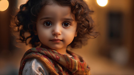 Portrait of a little girl with curly hair in a warm scarf.の素材