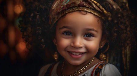 Portrait of a cute little girl with afro hairstyle in a headdress.の素材