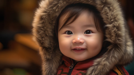 Portrait of cute asian baby girl wearing warm winter clothes with fur hoodの素材