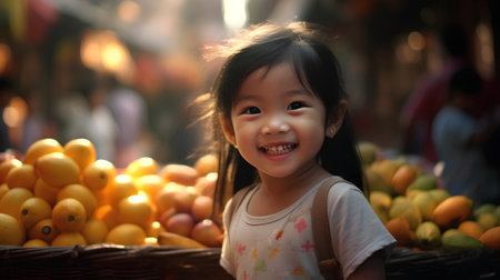Little asian girl smiling in the market. Selective focus.の素材